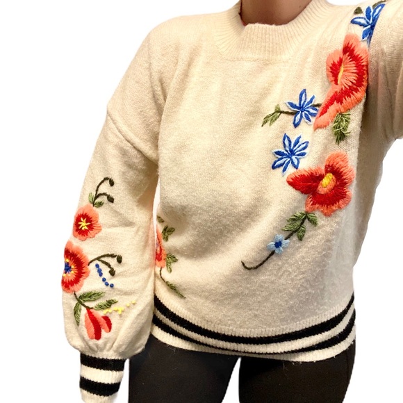 Anthropologie Sweaters - Harlyn striped embroidered balloon sleeve sweater